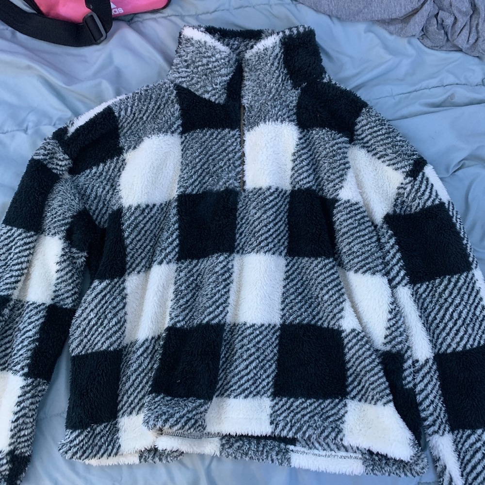 Plaid black and white quarter zip